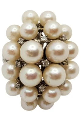 Vintage 14K Gold Fresh Water Pearl & Diamond Cluster Cocktail Ring - Image 1 of 4
