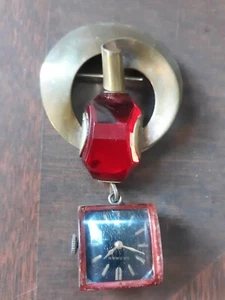 HARMAN Vintage Brass Watch Brooch With Red Stone - Does Not Run - Picture 1 of 5