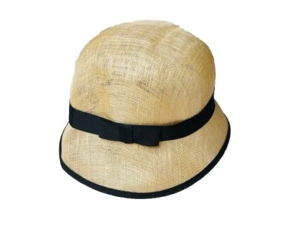 Heartfelt Jan Stanton 80s Cloche Hat 1920s Style Linen Black Bow Derby Fashion - Image 1 of 4