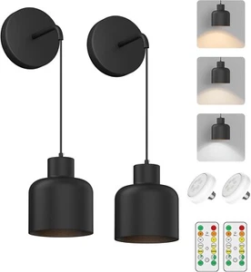 2 Black Battery Remote Operated Wall Sconces Indoor Adjustable Height Hanging - Picture 1 of 11