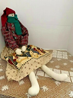 PRIMITIVE SNOWMAN GIRL STUFFED RAG DOLL PLAID SHIRT KNIT SCARF FELT CAP 30" TALL - Image 1 of 4