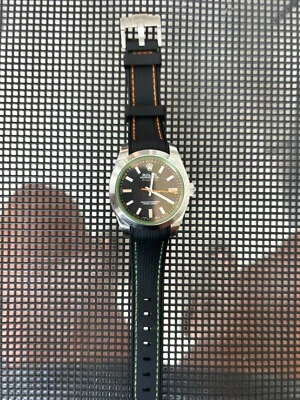 20mm BLACK “sailcloth pattern” rubber ORANGE/GREEN stitch Rolex Milgauss - Image 1 of 4