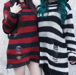 Punk Gothic Jumper Sweater Women Striped Ripped Hole Oversized Long Pullover UK - Picture 1 of 15