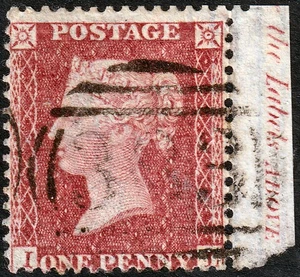 1857 C10 SG40 1d ROSE RED PLATE 34 VERY FINE USED MARGINAL INSCRIPTION (IL) - Picture 1 of 2