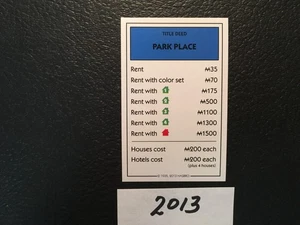 Monopoly  2013   PARK PLACE   Title Deed Card  Replacement Card - Picture 1 of 3