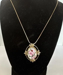 Vintage Hand Painted Pink Roses Porcelain Oval Pendant Brooch Necklace - Picture 1 of 5