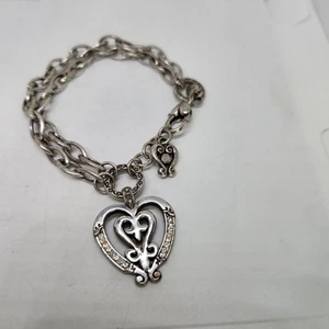 Brighton Double Scroll Crystal Heart Charm Bracelet Open Double Strand Link - Picture 1 of 5