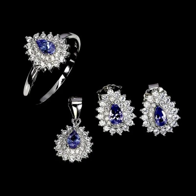 Juegos de plata de ley 925 pera tanzanita 5x3 mm piedras preciosas naturales joyería tamaño 7,5 Foto 1 de 4