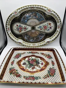 Lot 2 Vintage 70er Jahre Daher große Metall Tabletts England 1" tief floral dekorativ - Bild 1 von 14