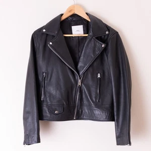 MNG MANGO Ladies Size EUR L USA M Black Genuine Leather Utility Jacket - Picture 1 of 22