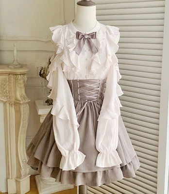 Dulces Niñas Japonesas 2 piezas Vestido Traje Volantes Lazo Prendas para el torso Camisas Lindas Faldas Escuela Foto 1 de 3