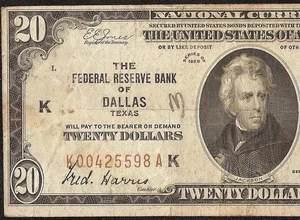 1929 $20 BILL DALLAS BROWN SEAL BANK NOTE MONEY NATIONAL CURRENCY Fr 1870-K - Picture 1 of 3