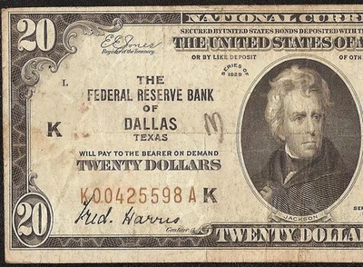 1929 $20 BILL DALLAS BROWN SEAL BANK NOTE MONEY NATIONAL CURRENCY Fr 1870-K - Image 1 of 3