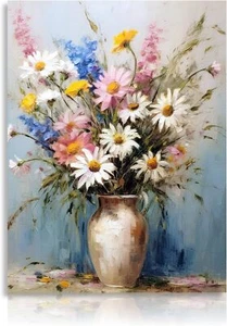 Vintage Floral Canvas Wall Art Colorful Daisy in Vase Wall Poster Flower Picture - Picture 1 of 3