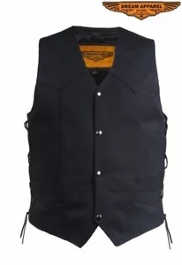 Men's Motorcycle Canvas Vest Multi Pocket with Leather Side Laces Pleated Black - Picture 1 of 12
