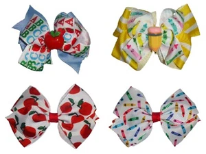 NEW Back to School Apple Pencil Crayon Girls 4-inch Hair Bow Clip - Picture 1 of 5