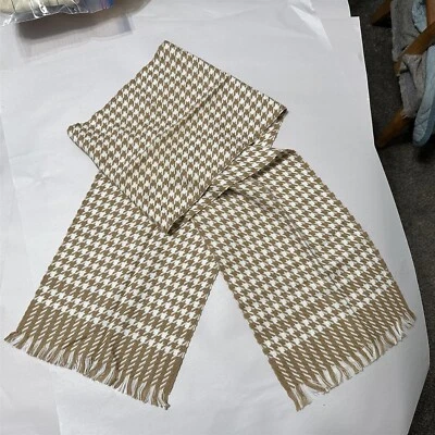 Vintage Acrylic Scarf Made in Japan Houndstooth Plaid Tan White Fringe - Image 1 of 4