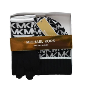 Michael Kors Logo Knit Beanie Hat and Glove Set Black White New in Box! - Picture 1 of 2