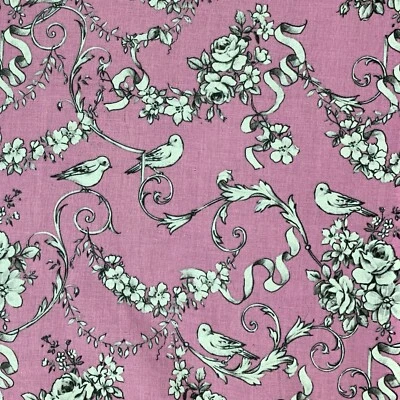 Keepsake Calico Pink Gray Cotton Fabric .75 yds Love Birds Flowers Quilting - Image 1 of 4