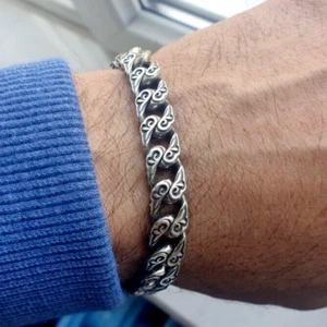 VTG Stylish 9mm Filigree Handmade Men Bracelet Sterling 925 Cuban Link Broad 45g - Picture 1 of 18