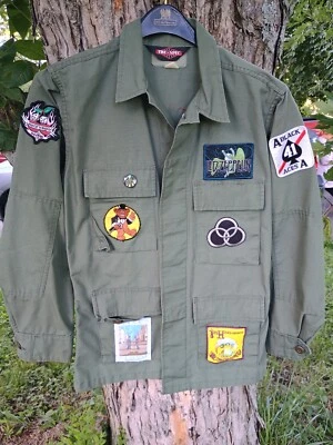 Custom Tru Spec Green Field Jacket Size S Battle Jacket with Rock Band Patches - Image 1 of 4