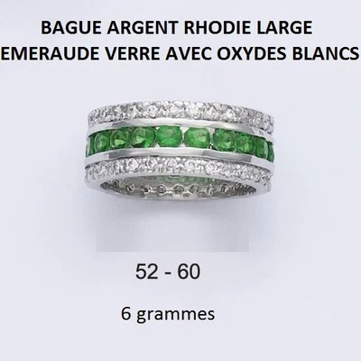 ALLIANCE RHODIE LARGE EMERAUDE VERRE AVEC OXYDES BLANCS Argent Massif 925 - Photo 1/3