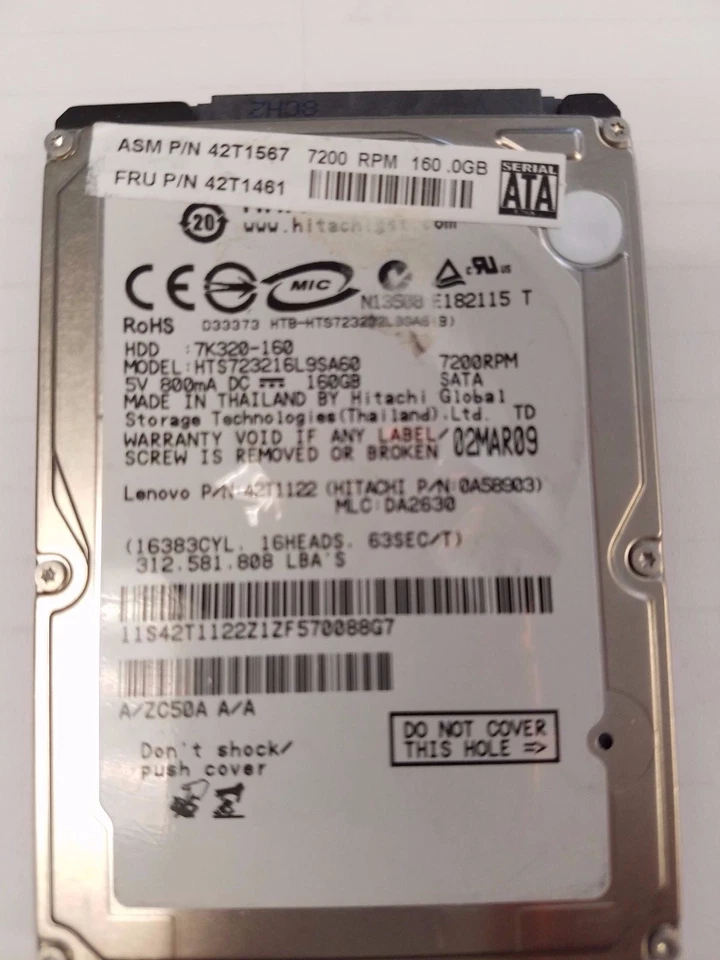 Hard Drive HTS723216L9SA60, PN 0A58903, MLC DA2891, Hitachi 160GB SATA 2.5 - Image 1 of 1