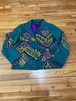 Chaqueta para mujer Alex Kim talla pequeña tapiz de algodón verde azulado arte para usar botón delantero Foto 1 de 4