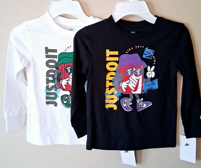 2x Nike T-Shirts 4 Boys Long Sleeves White Black Just Do It Graphics - Image 1 of 4
