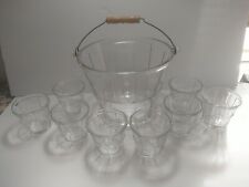 VINTAGE ANCHOR HOCKING GLASS ICE BUCKET - BASKET DESIGN WITH  GLASS WARE BAR SET