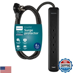 Philips 4-Outlet Surge Protector, 4ft Braided Cord, 1-USB-C, 1-USB-A, Extensi - Picture 1 of 5