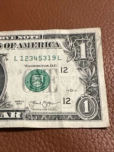 Five Digit Ladder Fancy Seriennummer One Dollar Schein L12345319L 12345 - Bild 1 von 3