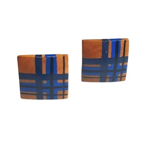 Vintage Holz Quadrat Clip On Ohrringe Blau Braun Geometrisches Muster Retro Kunst - Bild 1 von 3
