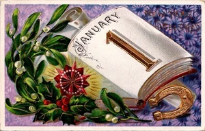 Postkarte 1. Januar Neujahrsgrüße Goldprägung - Bild 1 von 2