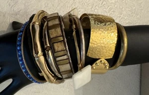 Lot 12 Gold Bracelets Bangle Cuff Madewell Lucky Brass Clamper Vtg Retro Modern - Picture 1 of 2
