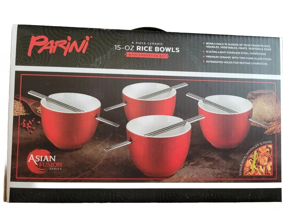Tazones de arroz y palillos de acero inoxidable esmaltados de cerámica Parini de 15 oz cantidad 4 Foto 1 de 4