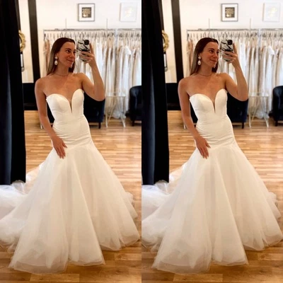 Simple Mermaid Wedding Dresses Strapless Tulle Sweep Train Bridal Gown Custom - Image 1 of 4
