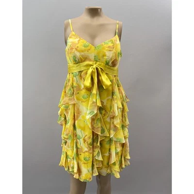 INC Dress Women 8 Yellow Floral 100% Silk Mini Ruffle Babydoll Summer Sun - Image 1 of 4