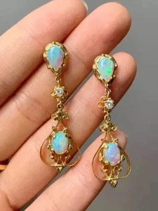 2Ct Pear Cut Genuine Fire Opal Women Drop Dangle Earrings 14K Yellow Gold Plated - Picture 1 of 7