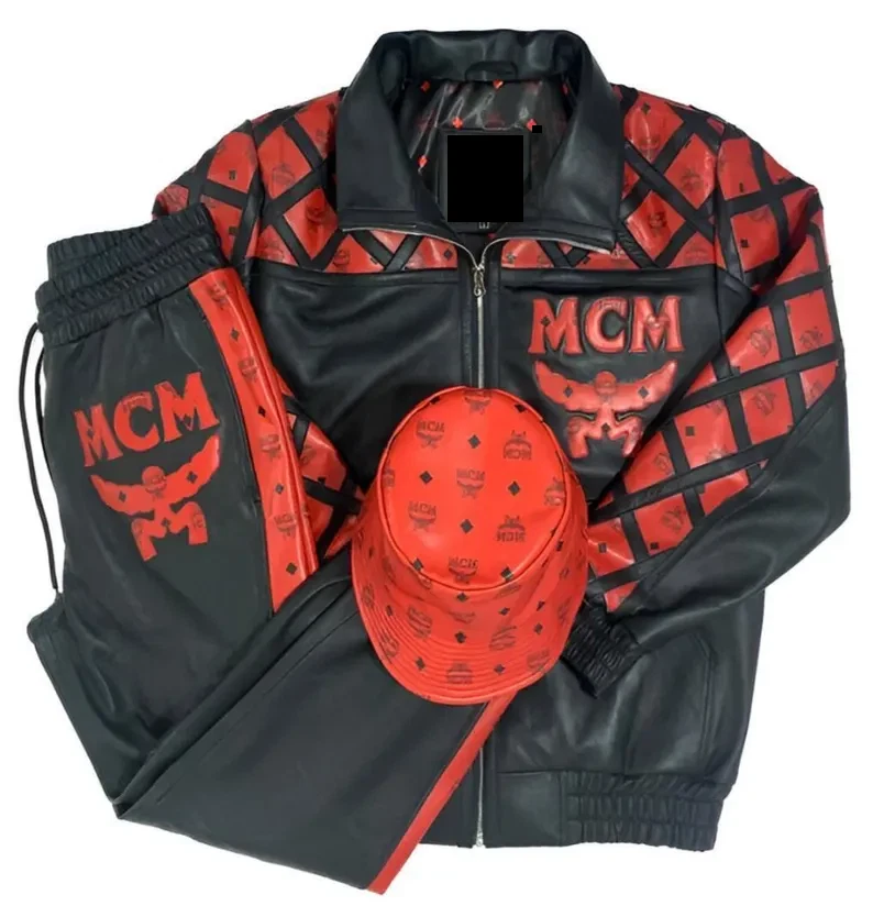 男式 MCM 风格黑色和红色皮革运动服风格标志夹克和裤子帽子豪华 — 第 1/4 张图片