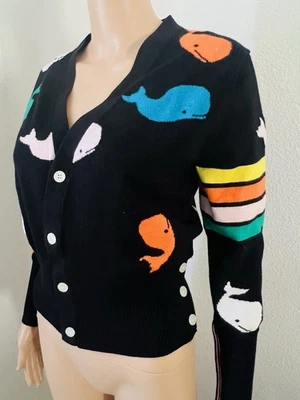 Four 4 Bar Whale Icon Intarsia Wool Blend Button Knit Cardigan Sweater Womens L - Image 1 of 4