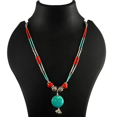 Turquoise, Coral Gemstone Tibetan 925 Sterling Silver Necklace Jewelry 18 inc - Image 1 of 4
