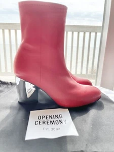 Opening Ceremony Dylan Stretch Red Leather Chrome Block Heel Boots Size 39/9M - Picture 1 of 18