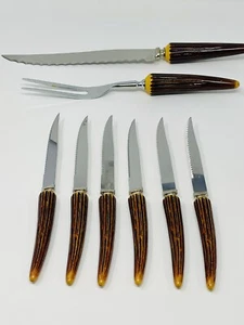 Vintage Sheffield England 8 PC Carving Knife Steak Knives Set Stag Horn Handles - Picture 1 of 7