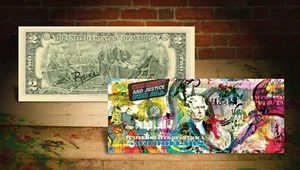 JUSTICE LEAGUE * DC Comics Rency / Banksy ART on GENUINE U.S $2 Bill HAND-SIGNED - Picture 1 of 3