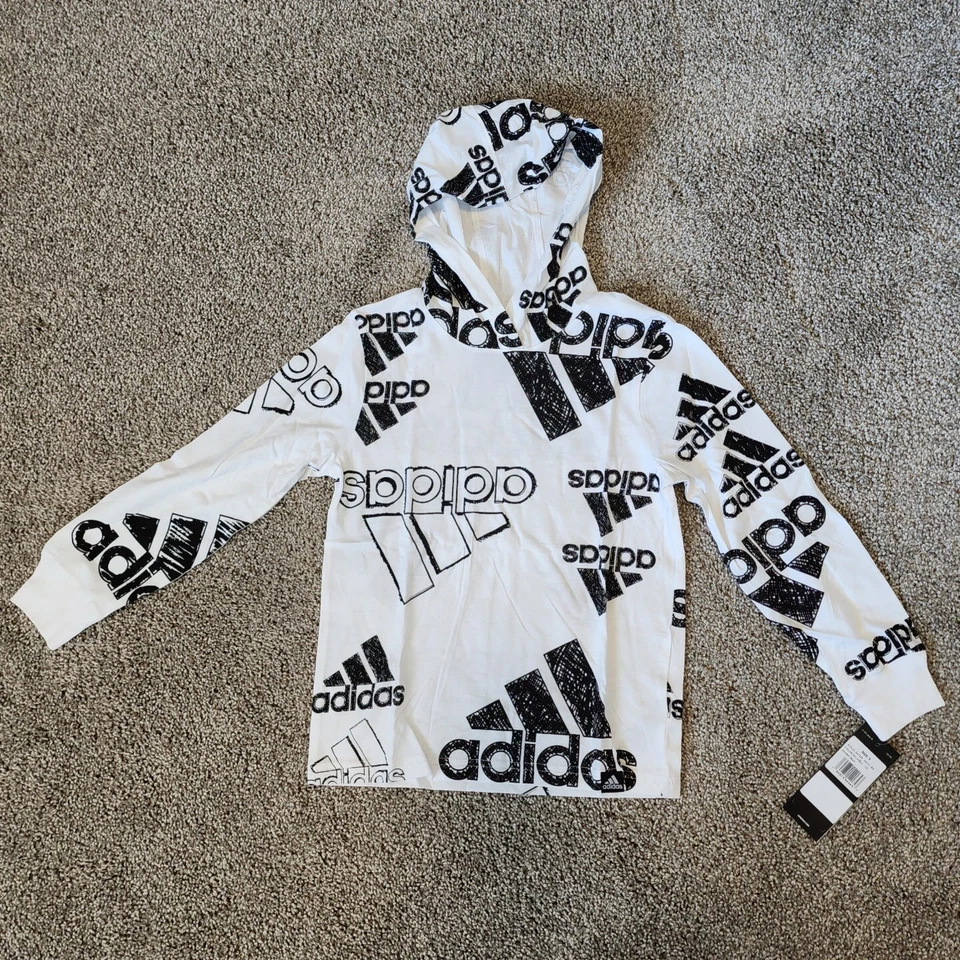 Boys Adidas Graphic Hoodie T Shirt White Size 6 Long Sleeve