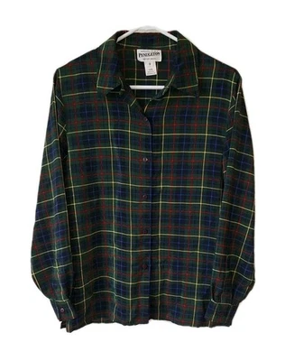 Женская рубашка Pendleton размер 12 с длинным рукавом на пуговицах зеленая 100% шелк винтаж - Изображение 1 из 4