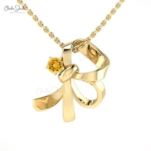Bow Knotted Ribbon Charm Pendant 3mm Brilliant Citrine 14k Gold Chain Necklace - Picture 1 of 22