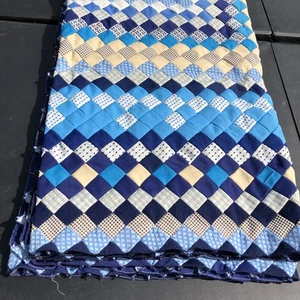 Postage Stamp Double Knit Fabric Quilt Top Blues 1.5" Squares Polyester 94 x 100 - Picture 1 of 12
