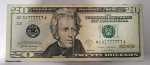 Near Solid 7's $20 Federal Reserve Note Serial Number 01777777 Rare Bill - Picture 1 of 10